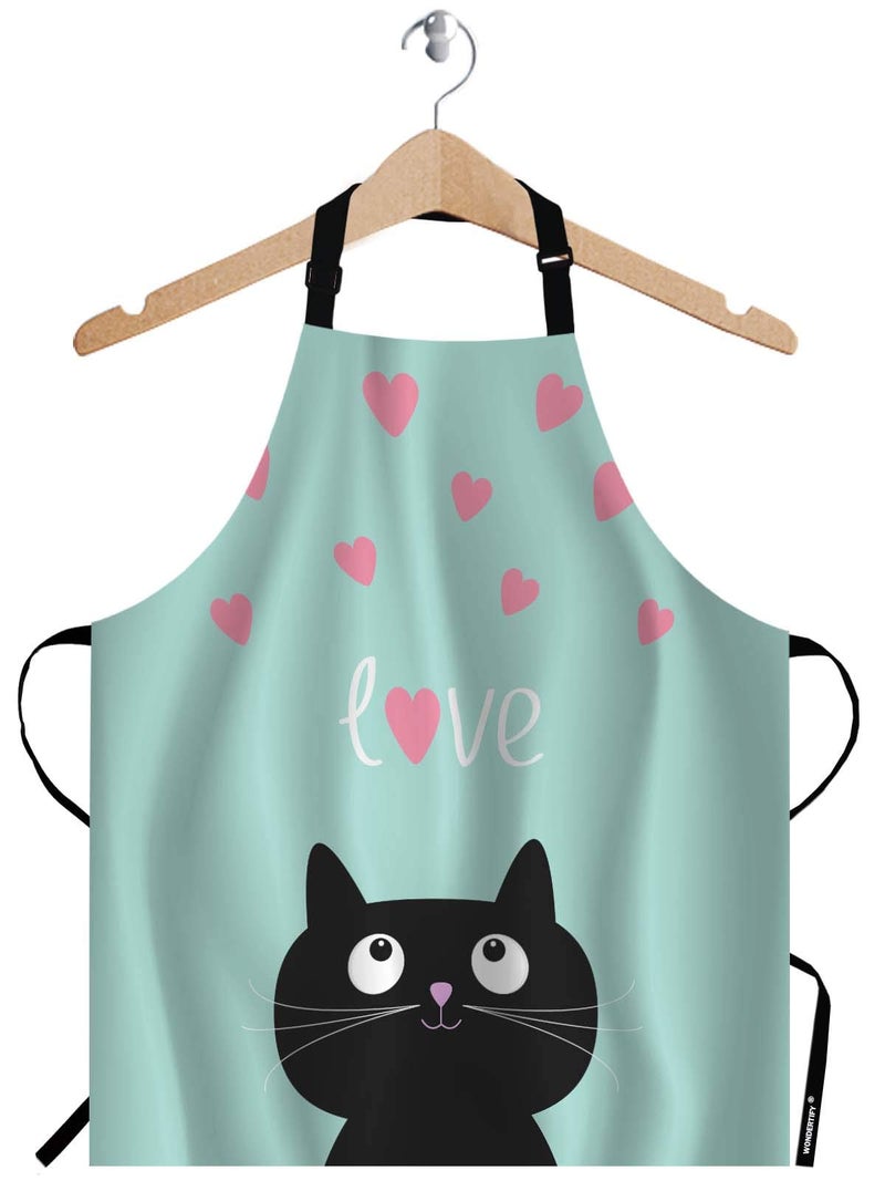 WONDERTIFY Black Cat Apron,Pink Hearts and Cute Cartoon Cat Blue Background Bib Apron with Adjustable Neck for Men Women,Suitable for Home Kitchen Cooking Waitress Chef Grill Bistro Baking BBQ Apron - Image 1